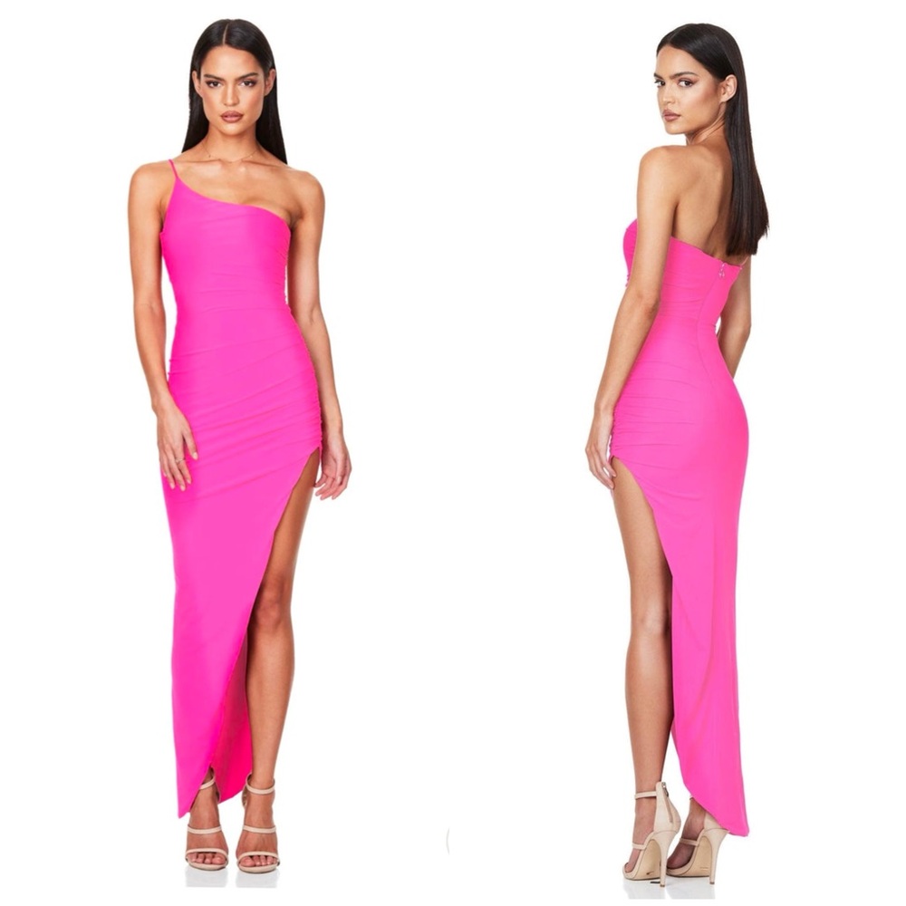 Nookie Revolve Aria Hot Neon Pink Ruched One‎ Shoulder Maxi Dress Medium